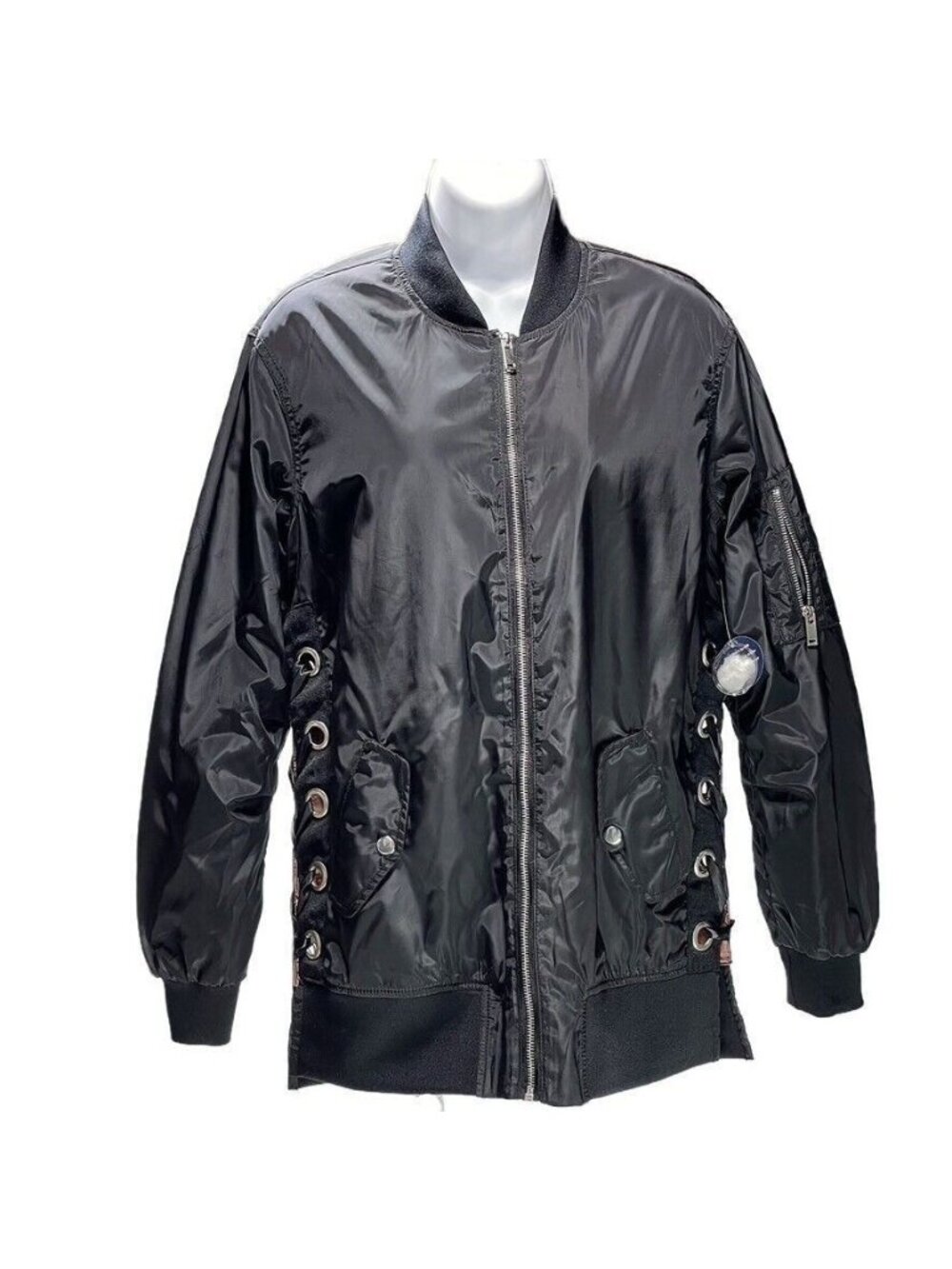 Cavalini Black Bomber Jacket With Side Lace-Up Details & Zippered Pockets Size M